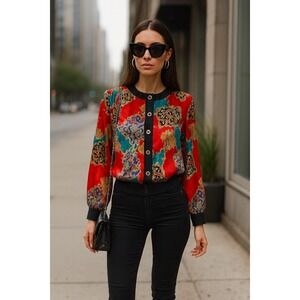 Vintage 80s Womens Top Blouse Silky Paisley Retro Glam Sporty Streetwear